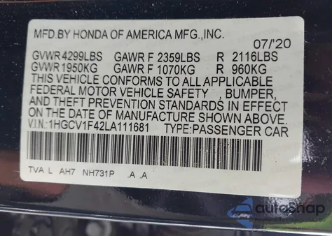 2020 Honda Accord Ex z USA, uszkodzony, nr VIN 1HGCV1F42LA111681